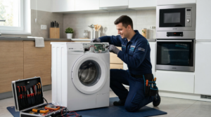 فني صيانة من توكيل جورنجي يقوم بإصلاح جهاز منزلي باستخدام أدوات الصيانة المتخصصة